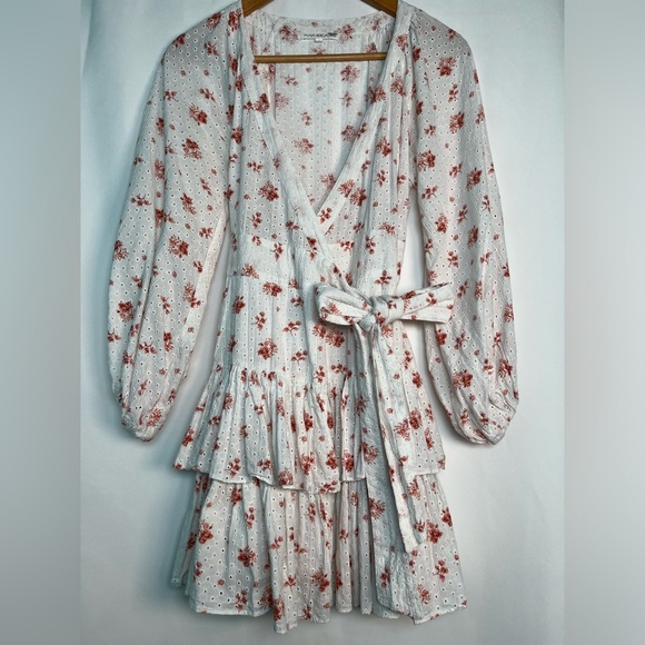 Maia Bergman Ines Ruffled Floral Eyelet Mini Wrap Dress White /Pink Size  XL - Picture 2 of 10